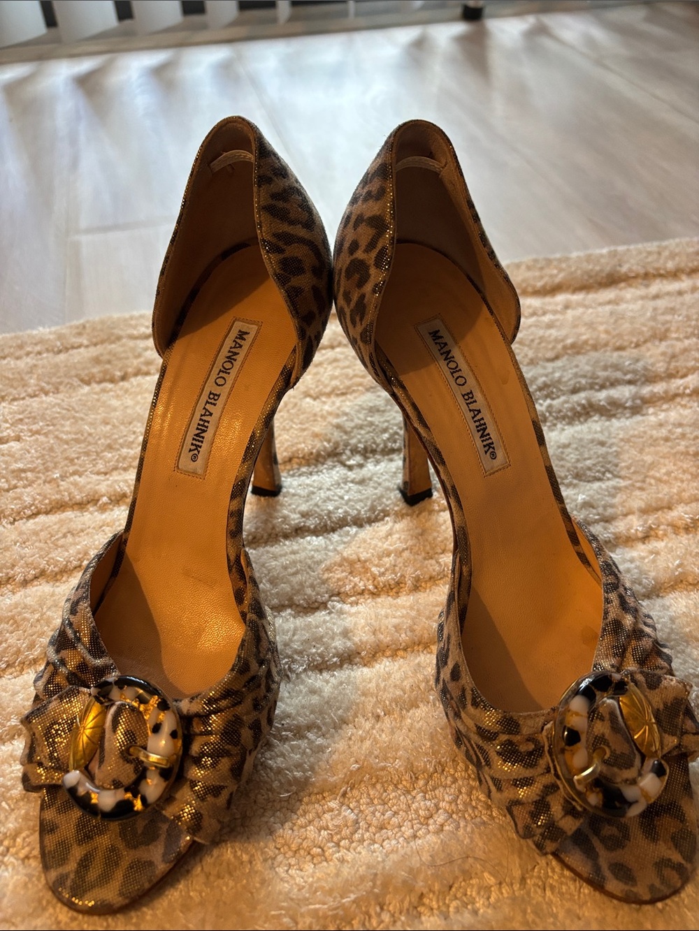 Manolo Blahnik Leopard-Print D'Orsay Heels with Tortoiseshell Buckle